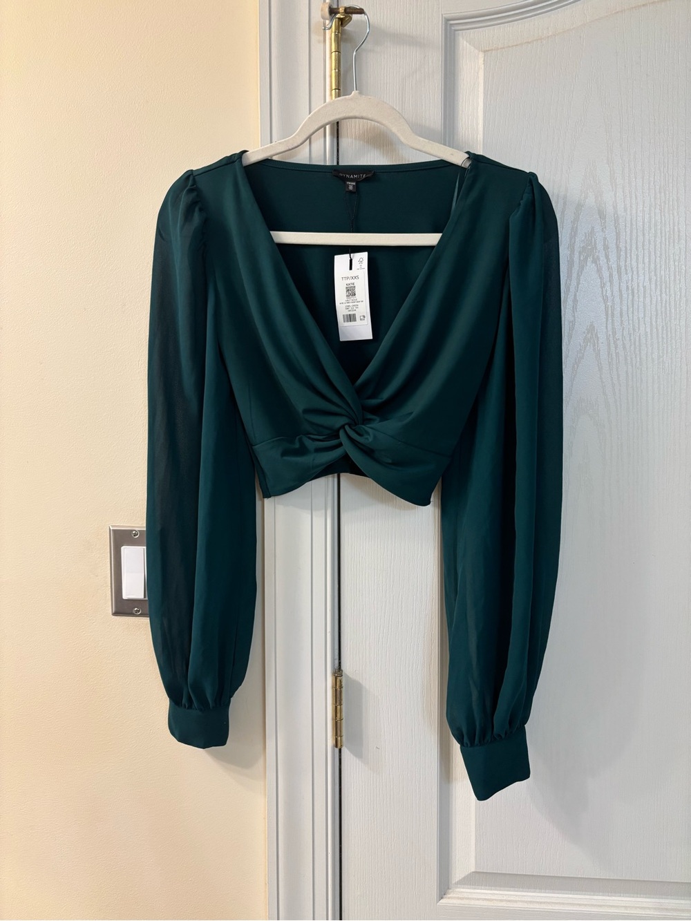 Dynamite Long Sleeve Twist Front Crop Top - Forest Green